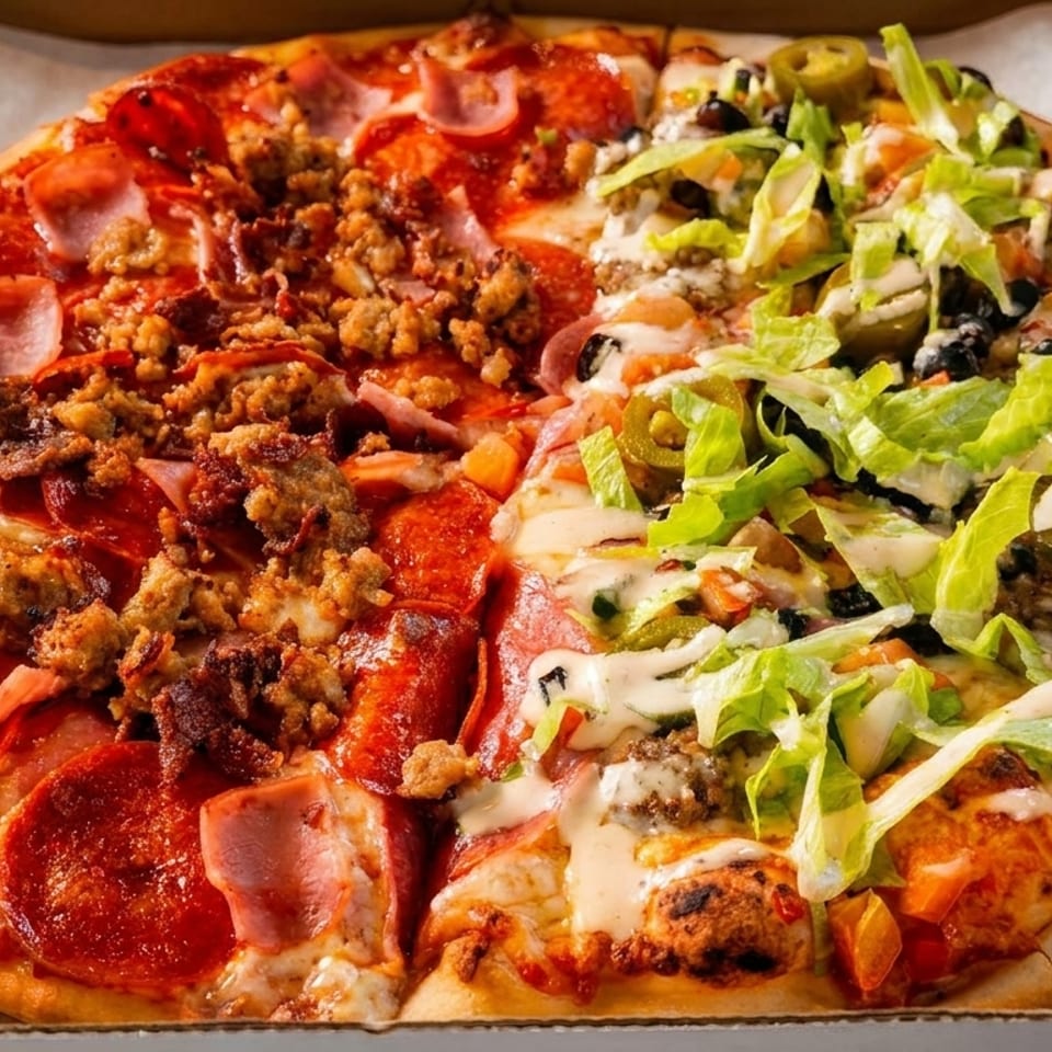 Large half-and-half pizza in a box, topped with pepperoni, ham, sausage, bacon, lettuce, pickles, olives, tomatoes, and creamy dressing.