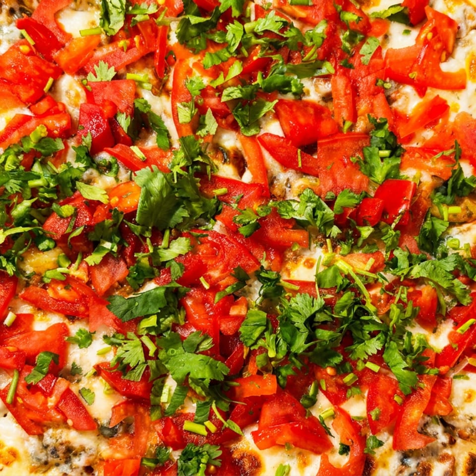 Cheesy flatbread topped with chopped tomatoes, red peppers, fresh cilantro, and lime wedges on checkered paper.