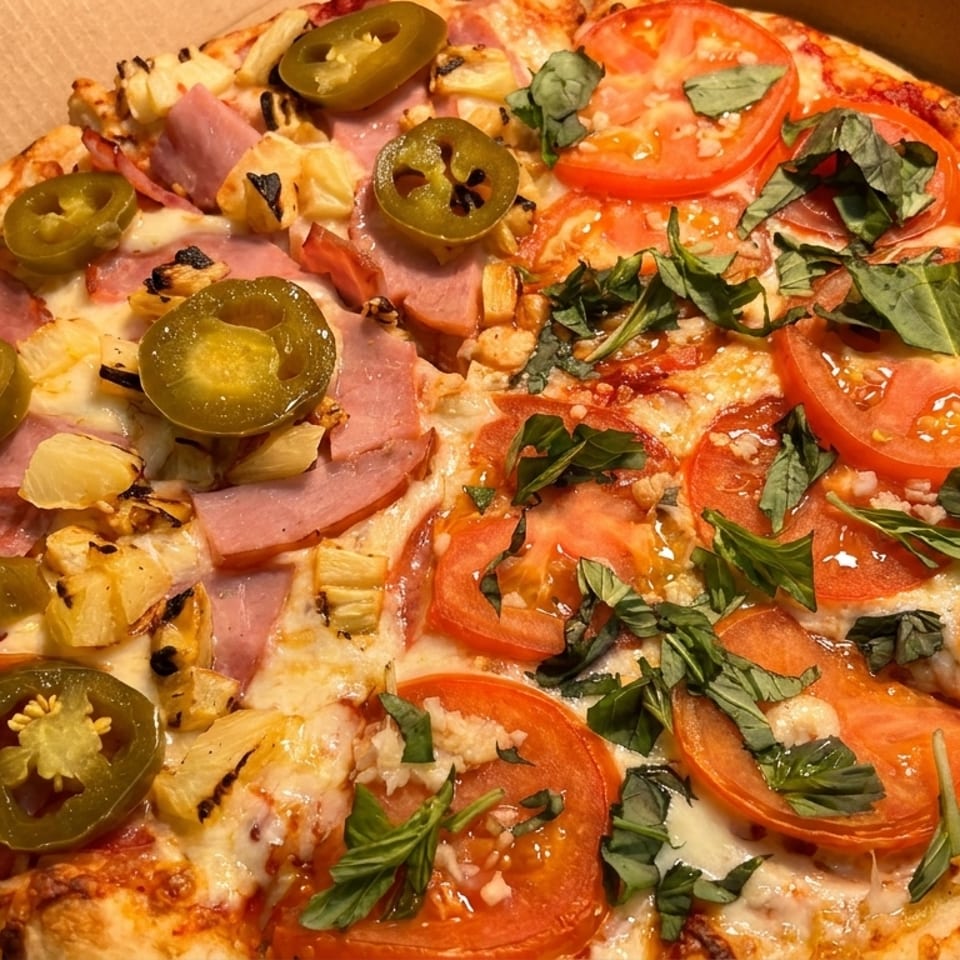 Loaded pizza in a cardboard box, topped with ham, pineapple, jalapeños, tomatoes, basil, melted cheese, and tomato sauce.