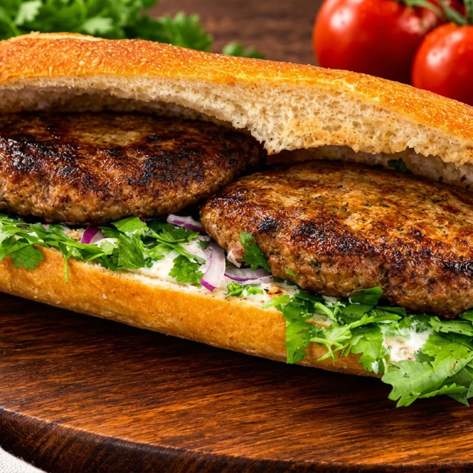 Grilled kofta sandwich in crusty bread with parsley, creamy sauce, and red onion, served on a wooden board with tomatoes.