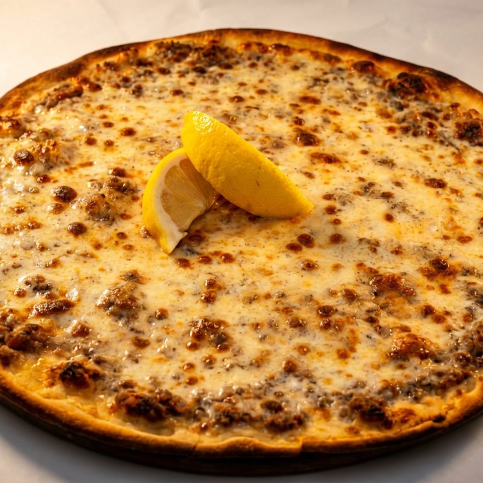 Round, golden-brown cheesy pizza topped with crumbled meat and lemon wedges, served on a plain tabletop.